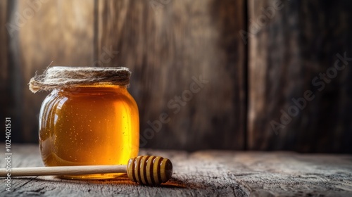 A jar of honey with a wooden dipper on a rustic wooden surface.