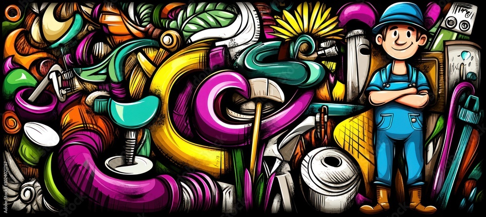 Fototapeta premium A colorful illustration featuring plumbing tools and a smiling worker.