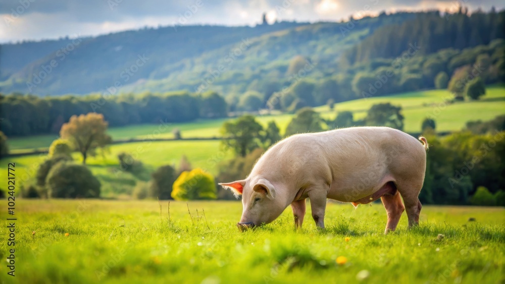Fototapeta premium Organic French farm with a pig grazing in a lush green pasture, pig, organic, French, farm, agriculture, livestock, animal