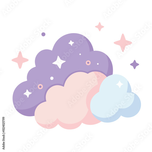 Pastel Clouds and Sparkling Stars in a Dreamy Night Sky, vector illustration white background.