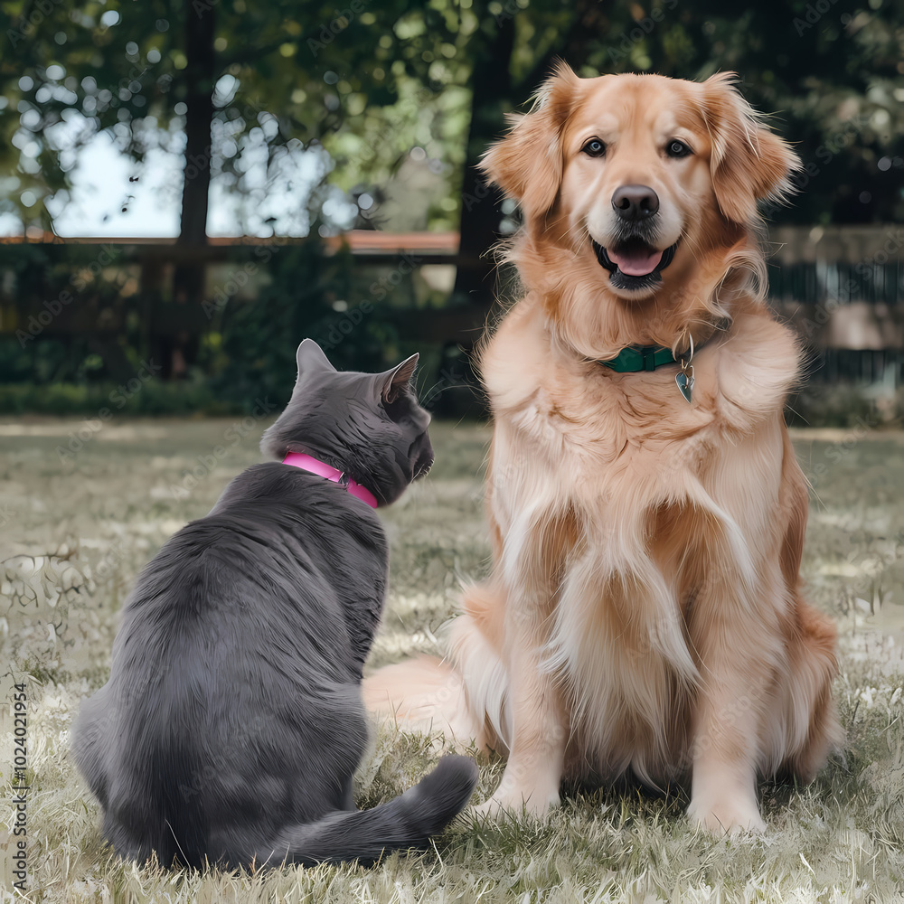 Fototapeta premium A golden retriever and a gray cat sit together on grass, showcasing friendship between pets in a sunny outdoor setting.