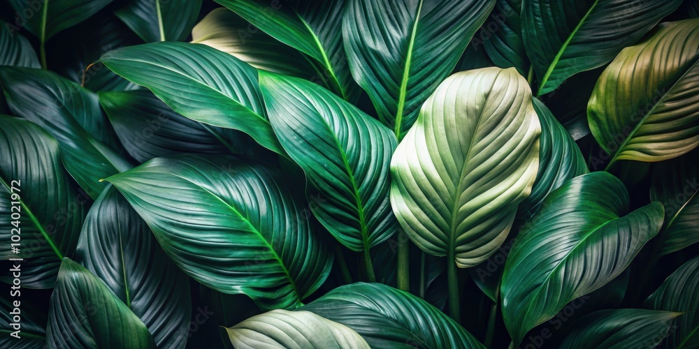 Close-up of Spathiphyllum cannifolium leaves against a dark nature background, tropical, green, texture, abstract, foliage Close-up of Spathiphyllum cannifolium leaves against a dark nature background, tropical, green, texture, abstract, foliage