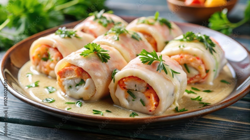 Stuffed sole rolls served with a creamy shrimp sauce , seafood, gourmet, elegant, delicious, cuisine Stuffed sole rolls served with a creamy shrimp sauce , seafood, gourmet, elegant, delicious, cuisine
