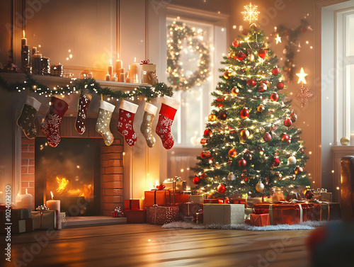 A cozy Christmas scene with a decorated tree, stockings, and gifts by the fireplace.