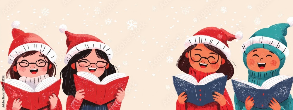 A Christmas carolers clipart, holiday tradition element, hand-drawn illustration, singing group, isolated on pale yellow background A Christmas carolers clipart, holiday tradition element, hand-drawn illustration, singing group, isolated on pale yellow background