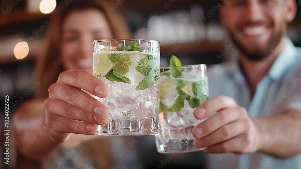 Happy group of friends celebrating together clinking glasses of gin tonic and mojitos at a lively bar restaurant setting The scene captures a close Happy group of friends celebrating together clinking glasses of gin tonic and mojitos at a lively bar restaurant setting The scene captures a close