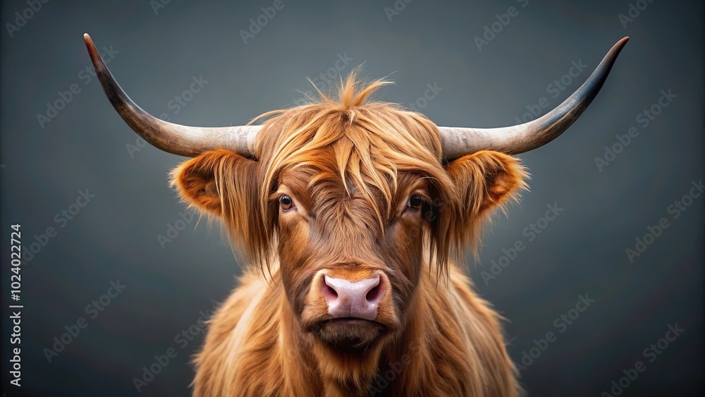 High angle view of Scottish Highland cow with horns against grey background High angle view of Scottish Highland cow with horns against grey background