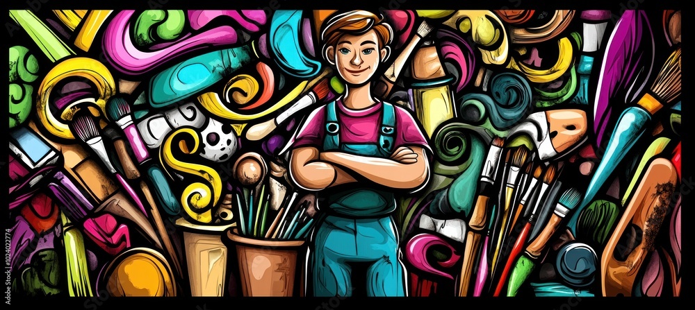 A cheerful artist stands confidently amidst colorful art supplies and creative tools. A cheerful artist stands confidently amidst colorful art supplies and creative tools.