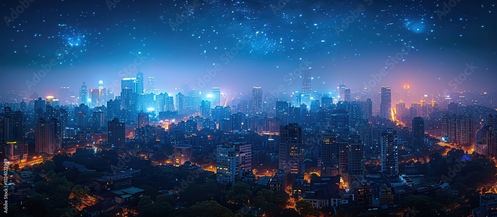 Fototapeta premium Night Cityscape with Stars and Neon Lights