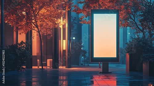 Digital Signage at a Modern Office Building Entrance: A sleek digital sign with a blank screen, standing tall near the glass doors of a minimalist office building. 