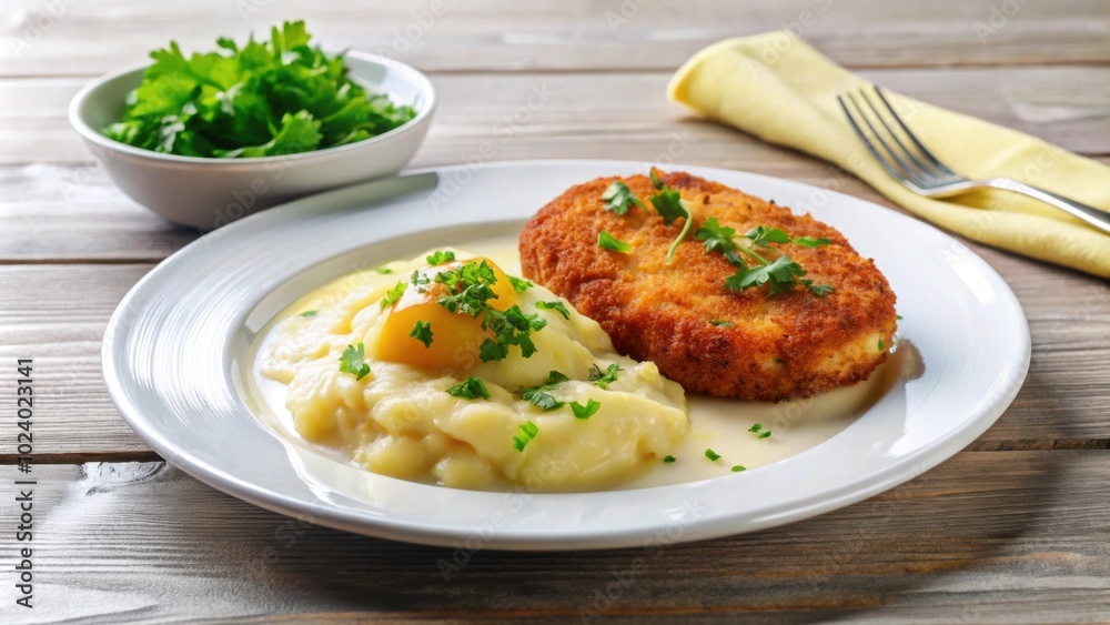 Cutlet with mashed potatoes and soup on a white plate , food, meal, dinner, comfort food, homemade, restaurant, culinary, delicious Cutlet with mashed potatoes and soup on a white plate , food, meal, dinner, comfort food, homemade, restaurant, culinary, delicious