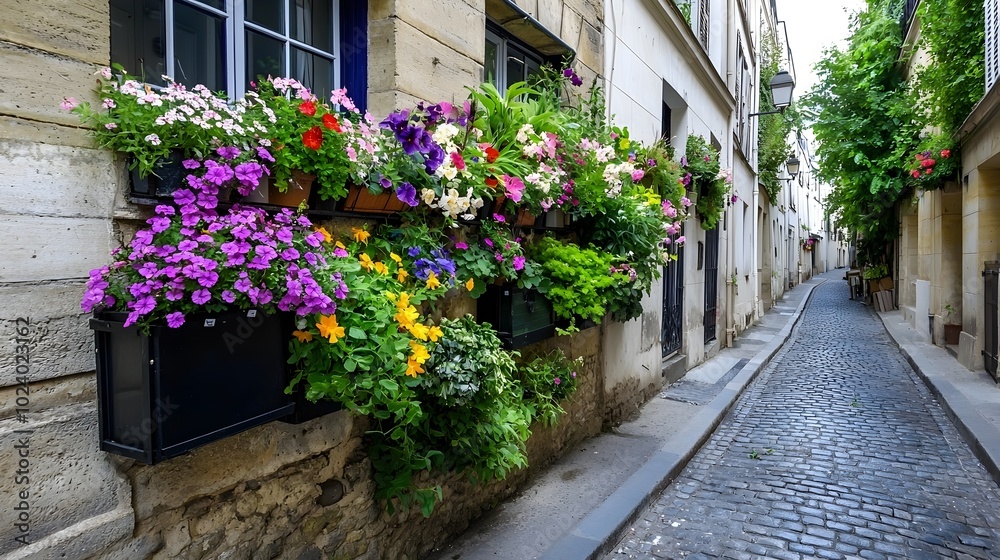 Charming Parisian street scene featuring classic European architecture with beautifully decorated balconies overflowing with colorful flowers Charming Parisian street scene featuring classic European architecture with beautifully decorated balconies overflowing with colorful flowers