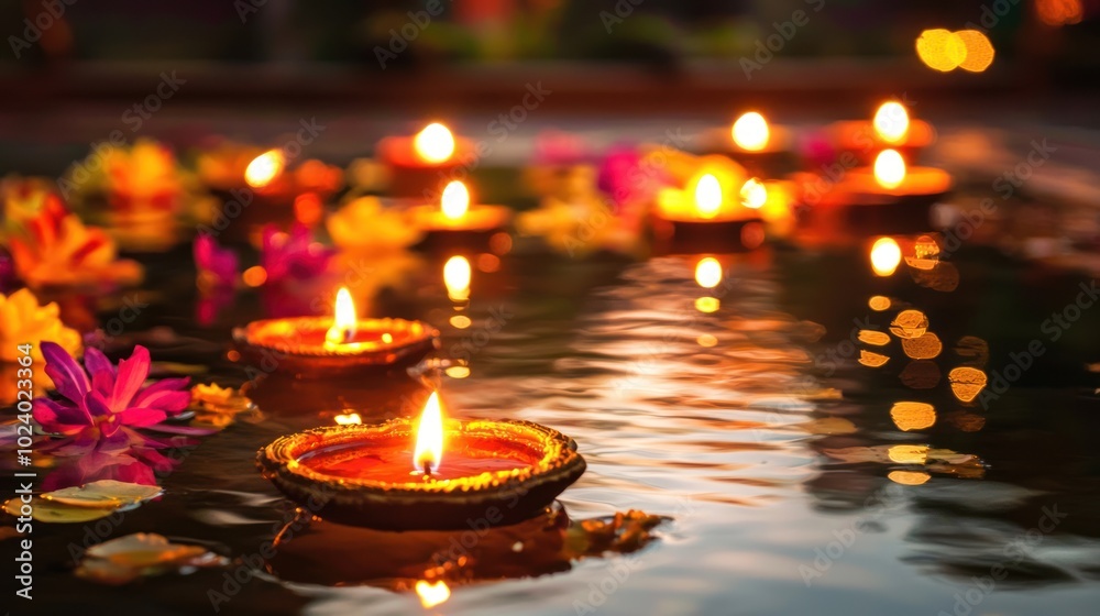 A serene scene of diyas floating on a calm water surface, reflecting the soft glow of light during a Diwali celebration A serene scene of diyas floating on a calm water surface, reflecting the soft glow of light during a Diwali celebration