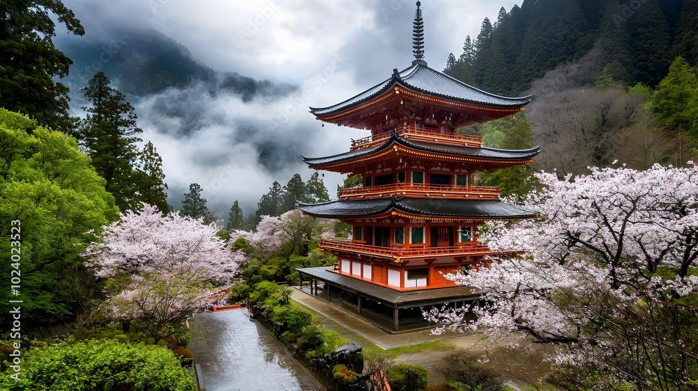 Majestic Japanese temple surrounded by the enchanting beauty of fully bloomed cherry blossoms creating a serene and picturesque landscape Majestic Japanese temple surrounded by the enchanting beauty of fully bloomed cherry blossoms creating a serene and picturesque landscape