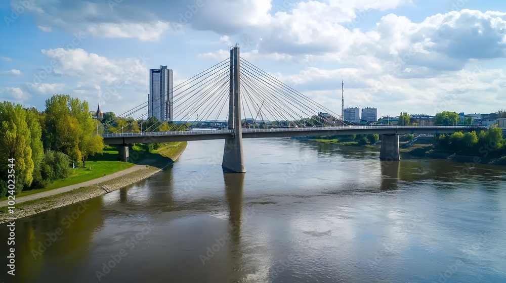 Fototapeta premium Impressive modern bridge structure spanning a wide river with a panoramic cityscape view in the background
