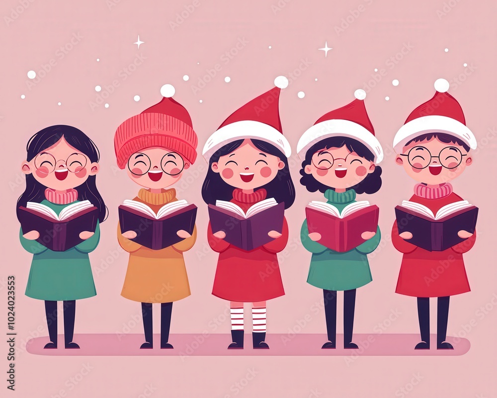 Fototapeta premium A Christmas choir clipart, holiday tradition element, cartoon style, children singing, isolated on plum background