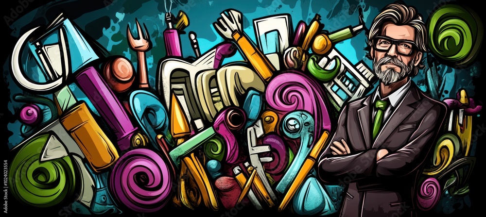Obraz premium A stylized illustration featuring a man surrounded by colorful tools and creative elements.