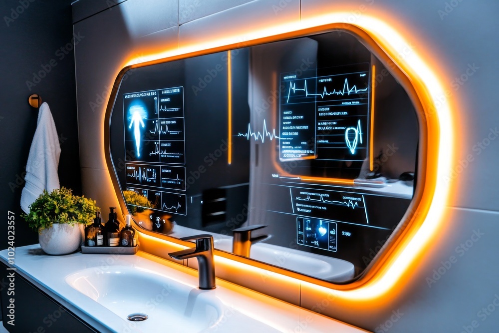 Obraz premium Smart mirror displaying the dayâ€™s agenda, weather, and health stats, while a person completes their morning routine in a futuristic bathroom