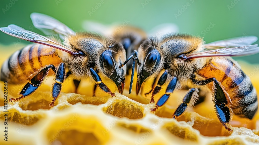 Close-up of bees interacting on honeycomb, showcasing their intricate details and behavior. Close-up of bees interacting on honeycomb, showcasing their intricate details and behavior.