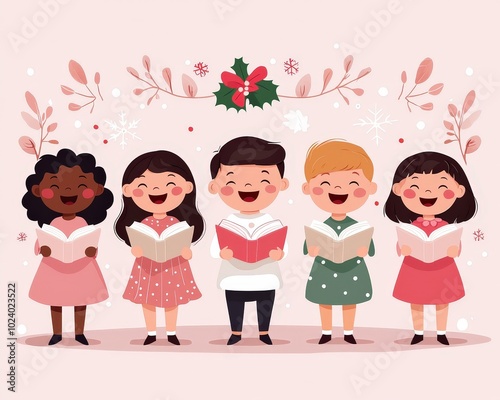 A Christmas choir clipart, holiday tradition element, cartoon style, children singing, isolated on plum background