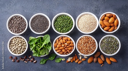 Healthy vegan superfood spread featuring protein rich ingredients like nuts seeds and greens arranged in a clean minimalist composition with an analogous color scheme for a modern