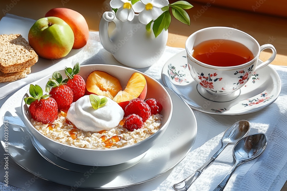 Soft watercolor scene of a breakfast table, with a bowl of oatmeal, a cup of tea, and a side of fruit painted in warm, inviting tones Soft watercolor scene of a breakfast table, with a bowl of oatmeal, a cup of tea, and a side of fruit painted in warm, inviting tones