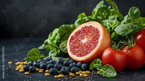 Assortment of plant based foods rich in vital nutrients like anthocyanins vitamins lycopene omega 3 and smart carbs designed for market appeal in the health and nutrition industry