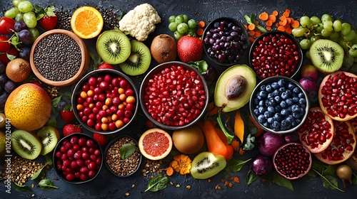 Fototapeta Naklejka Na Ścianę i Meble -  Abundant spread of colorful nutrient dense vegan health foods including fruits vegetables seeds and other antioxidant rich protein packed superfoods arranged in a vibrant