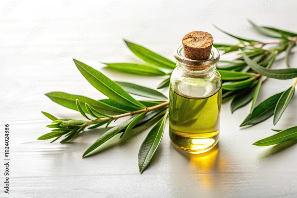 High angle view of tea tree oil bottle on white background High angle view of tea tree oil bottle on white background