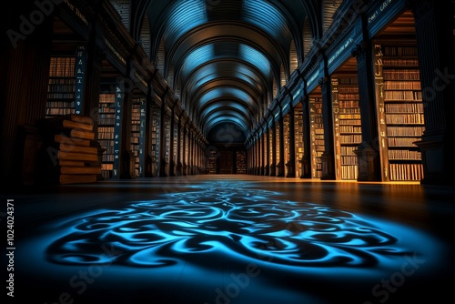 Supernatural occurrence in an old library, where ancient books move by themselves and shadows stretch unnaturally along the walls photo