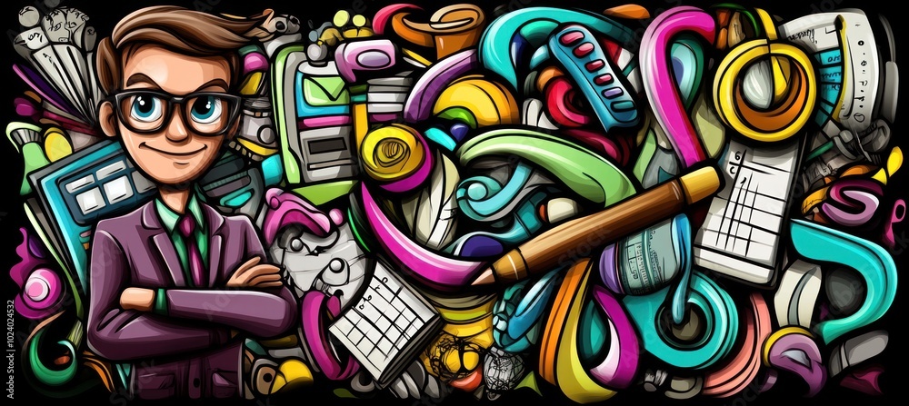 Fototapeta premium A colorful illustration featuring a professional figure amidst creative design elements.