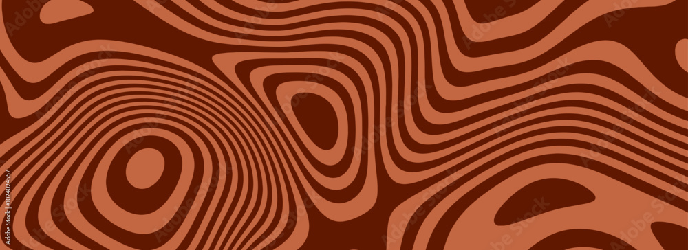 Retro coffee color background. Tasty milk chocolate liquid dessert texture. Wavy swirl candy pattern for poster, cover, banner. Vintage brown trippy hippie wallpaper in 60s or 70s style. Vector