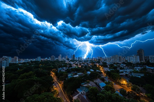 Supernatural storm brewing over a city, with unnatural lightning splitting the sky and dark clouds swirling with malevolent energy