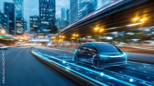 Futuristic autonomous car seamlessly navigating through a sleek modern smart city landscape with futuristic architecture and infrastructure