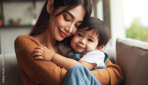 A joyful mother and her baby boy playing together at home, surrounded by love and happiness