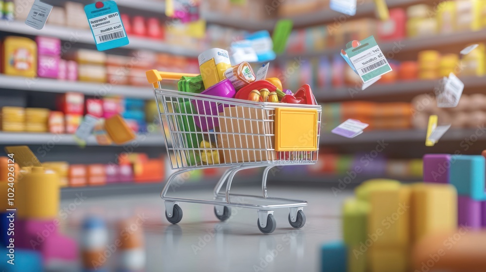 A shopping cart filled with various grocery items in a store aisle. A shopping cart filled with various grocery items in a store aisle.