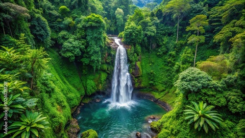 High angle view of waterfall surrounded by dense vegetation in tropical forest