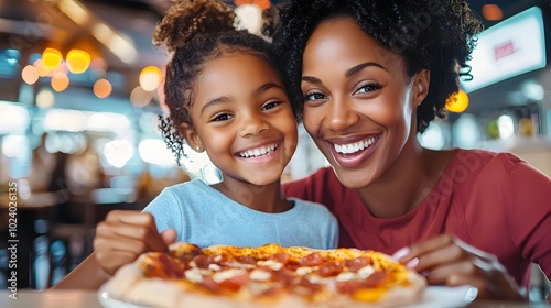 Smiling Mother and Daughter Sharing a Delicious Pizza Together in a Cozy Cafe Creating Cherished Family Memories in a Vibrant Futuristic Atmosphere