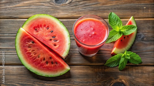 High angle view of watermelon slices and watermelon juice in glass