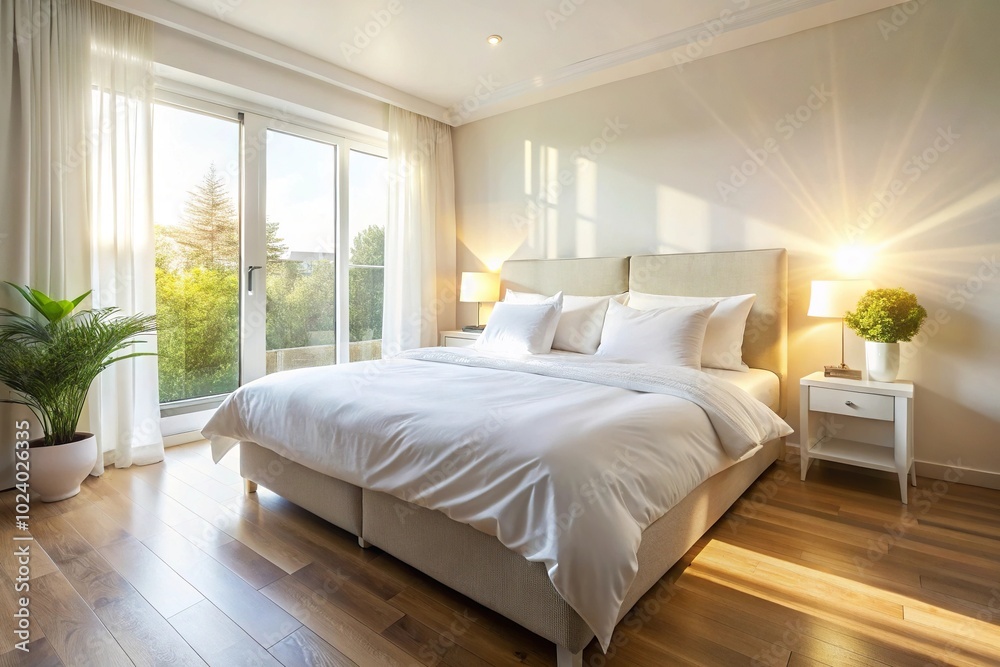 High angle view of white bed in bedroom illuminated by morning sunlight High angle view of white bed in bedroom illuminated by morning sunlight