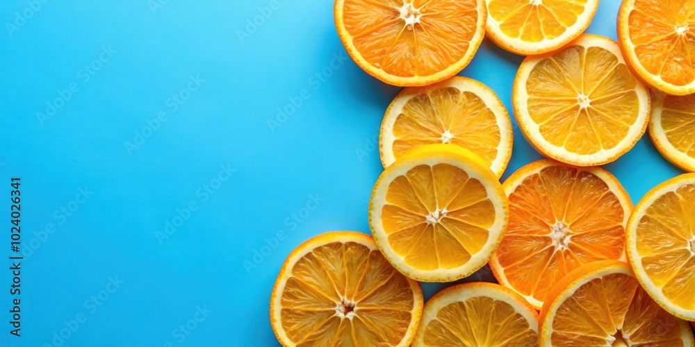 Orange fruit slices on blue background, orange, fruit, slices, blue, background, freshness, vibrant, tropical, refreshment Orange fruit slices on blue background, orange, fruit, slices, blue, background, freshness, vibrant, tropical, refreshment