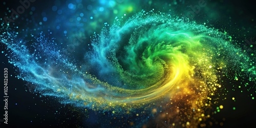 Vibrant slow motion vortex of swirling saturated particles in cyan, green, yellow, and blue hues, vortex, slow motion