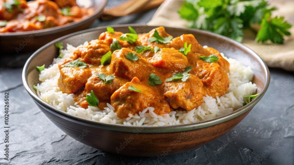 Tikka masala curry chicken served over rice in a bowl isolated on background, Indian cuisine, traditional food Tikka masala curry chicken served over rice in a bowl isolated on background, Indian cuisine, traditional food