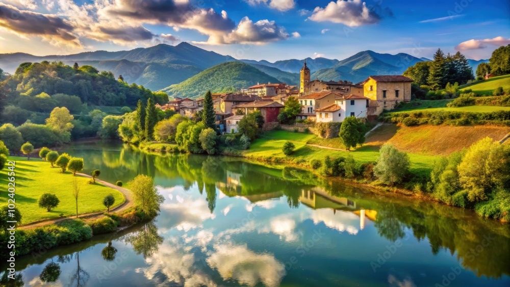 A serene landscape in Olot, Spain , Nature, tranquility, mountains, trees, forests, countryside, peaceful, scenic A serene landscape in Olot, Spain , Nature, tranquility, mountains, trees, forests, countryside, peaceful, scenic