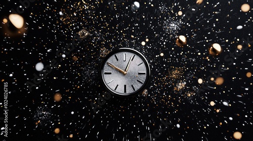 A clock surrounded by a cosmic explosion of sparkling elements, symbolizing time and space.