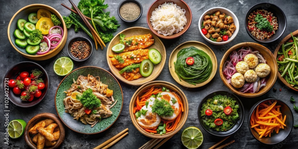 Top view of assorted Asian food in bowls , Asian, cuisine, meal, traditional, varied, assortment, noodles, rice Top view of assorted Asian food in bowls , Asian, cuisine, meal, traditional, varied, assortment, noodles, rice