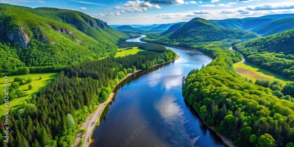 Aerial view of The Malbaie River surrounded by lush greenery in Quebec, Canada , Canada, Quebec, Malbaie River, aerial view Aerial view of The Malbaie River surrounded by lush greenery in Quebec, Canada , Canada, Quebec, Malbaie River, aerial view