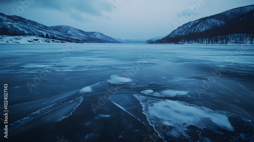 Frozen River with Mountains in the Background