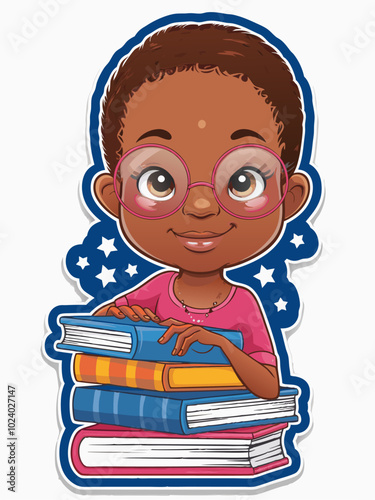 A cute cartoon illustration of a young girl with glasses holding a stack of books, perfect for children's books, educational materials, or anything related to reading and learning.