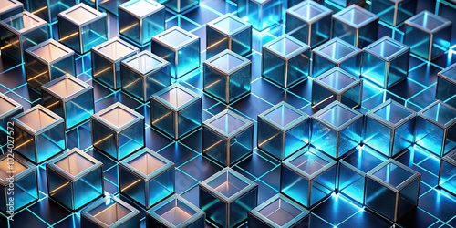 High angle visualization of blockchain blocks with hexadecimal hash values